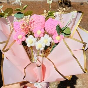 Pink and White Crochet Flower Bouquet 💐